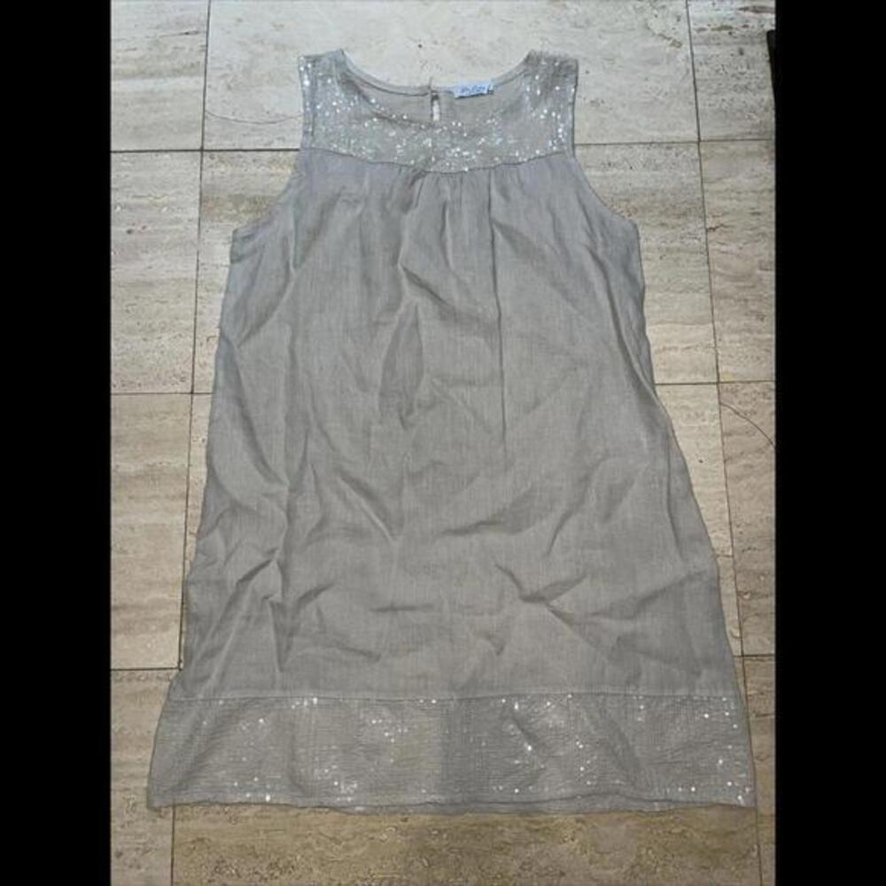 Blu Orchid Beige 100% Linen Shift Dress W Sequins Made in Italy Size M‎